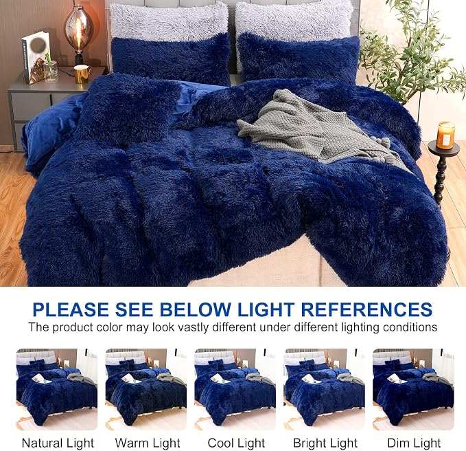 Fluffy Plush Duvet Cover Set King Size, Luxury Ultra Soft Velvet Fuzzy Comforter Cover Bed Sets 4Pcs(1 Faux Fur Duvet Cover + 2 Pillow Cases + 1 Pillow Cover) Zipper Closure (King, Navy Blue)