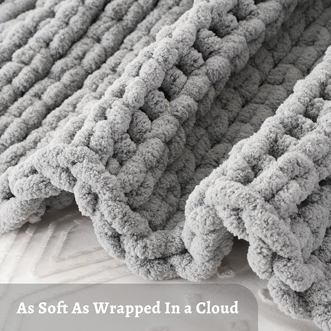 Battilo Chunky Knit Throw Blanket, Soft and Thick Chenille Throw Blanket, 50"x60" Handmade Cable Knit Crochet Blanket, Light Grey Knot Knitted Throw Blankets for Couch Sofa Bed Home Decor, Light Grey