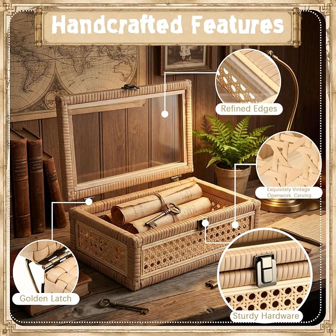 Yalikop 3 Pcs Large Rattan Display Box with Glass Lid Set, Handwoven Boho Rectangular Storage Box, Memory Wicker Jewelry Boxes, Natural Decorative Bin, Multipurpose Shelf Baskets for Home Organization