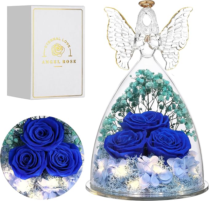 Mothers Day Rose Gifts for Women Preserved Real Flower in Glass Angel Figurines Roses for Delivery Prime Birthday Gifts for Mom Grandma Girlfriend Wife Her, Dark Blue