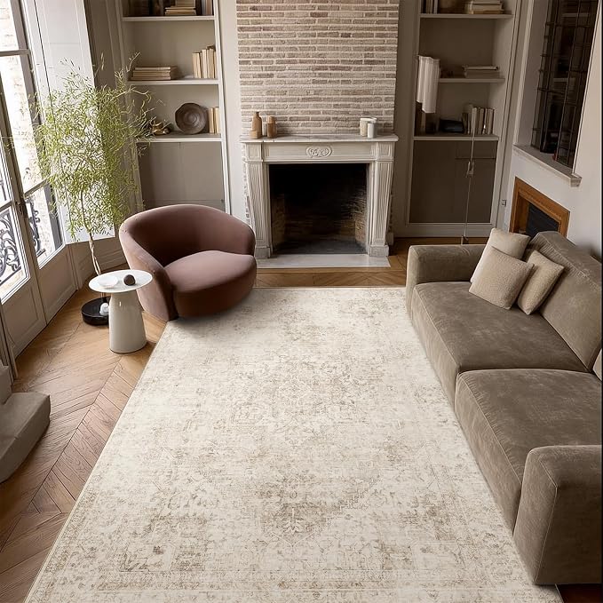 Machine Washable Rugs for Living Room: 5x7 Area Rugs for Bedroom Ultra Soft Non-Slip Low Pile Vintage Distress Boho Large Carpet for High-Traffic Dining Room - Farmhouse Decor