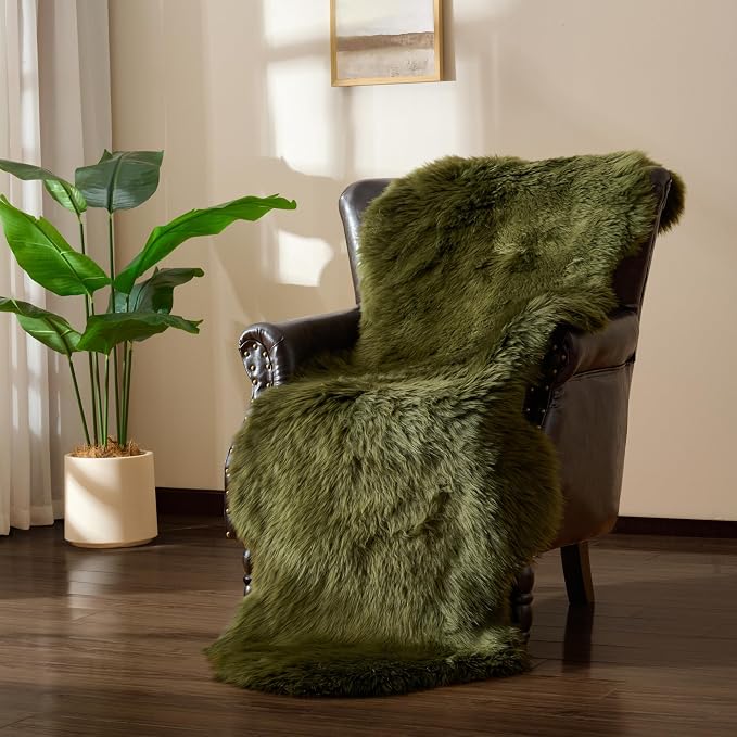 Premium Genuine Sheepskin Area Ruge - Real Wool Fur Shaggy Carpet | Fluffy Soft Natural Lambskin Rug Seat Chair Covers for Couch Sofa Bedroom Living Room(Dark Green,2×6 Feet Sheepskin)