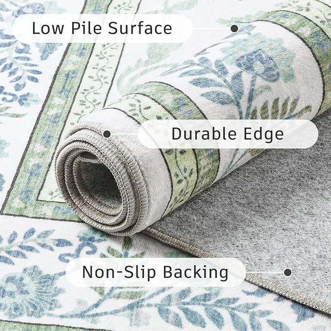 DCX Area Rug 5x5 Botanical Floral Washable Rugs in Green and Blue Soft Non Slip Low Pile Stain Resistant Round Carpet for High-Traffic Areas Bedroom Kitchen