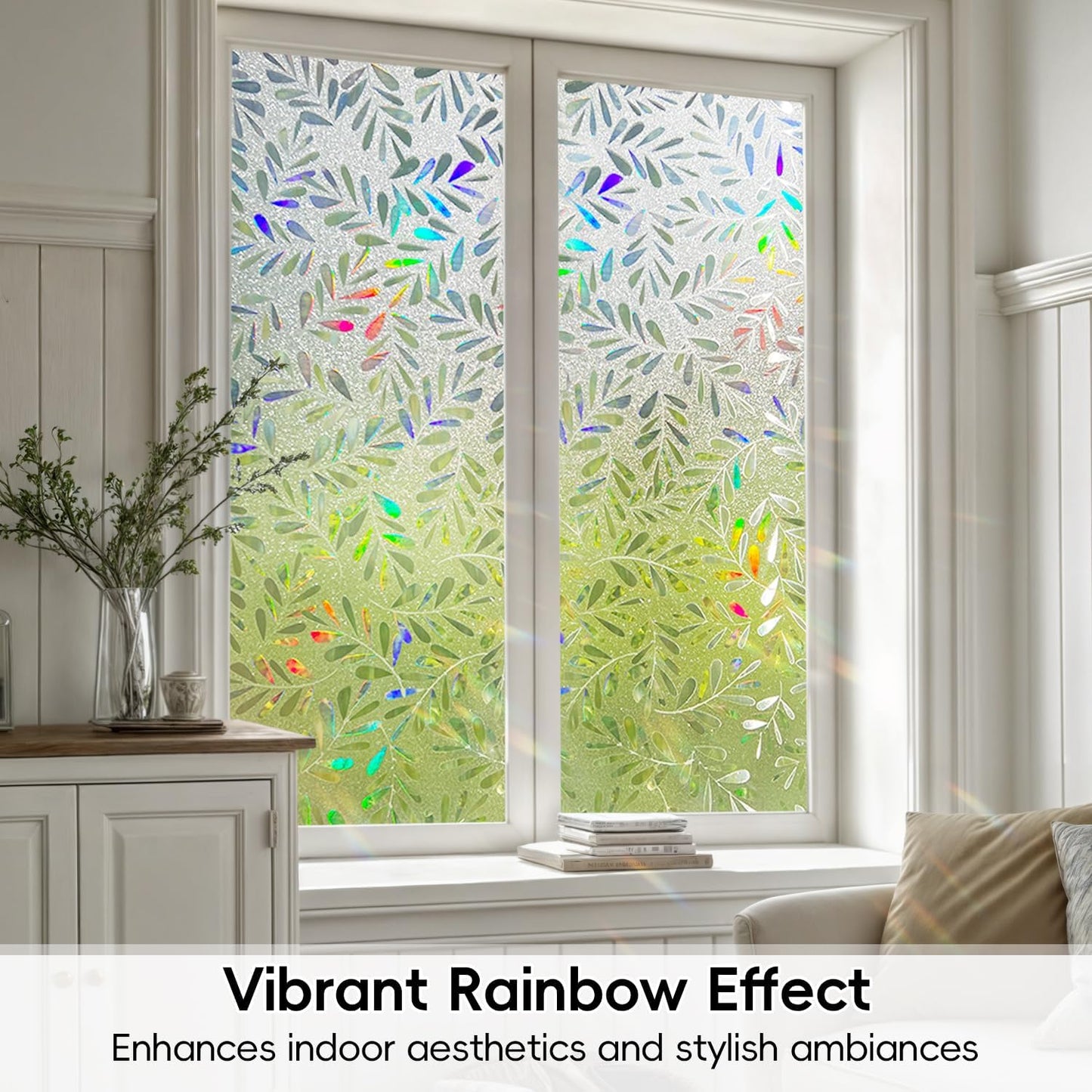 DUOFIRE Window Privacy Film Rainbow Window Film Decorative Leaves Pattern Window Cling Frosted Reusable Anti-UV Non-Adhesive Static Cling Privacy Film for Home Office 35.4 × 78.7 inches
