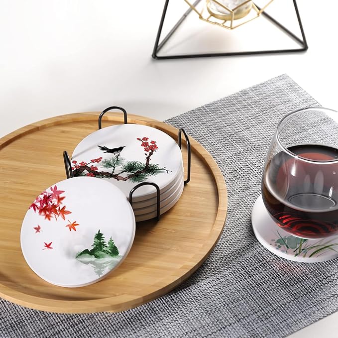 Drink Coasters for Drinks Set of 6, Traditional Oriental Ink Painting Absorbent Round Ceramic Stone Mat Coaster, with Cork Base and Metal Holder, Home Bar Decor House Warming Gift