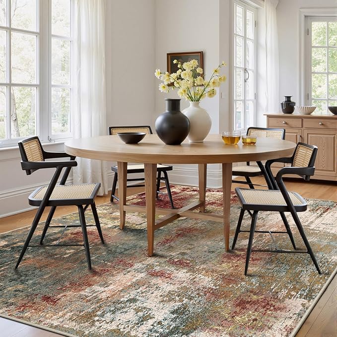 RELEANY Washable Area Rugs Square 7ft Non-Slip Modern Abstract Soft for Living Room Entryway Bedroom Nursery, Print Pattern, Brown Rust Red Green Blue Multi