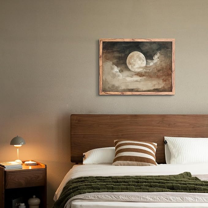 KBBYT Large Framed Wall Art Full Moon and Clouds Poster Canvas Print Vintage Aesthetic Painting Nature Countryside Pictures Wall Decor for Living Room Bedroom Home Decoration 24x36inch Wood Framed