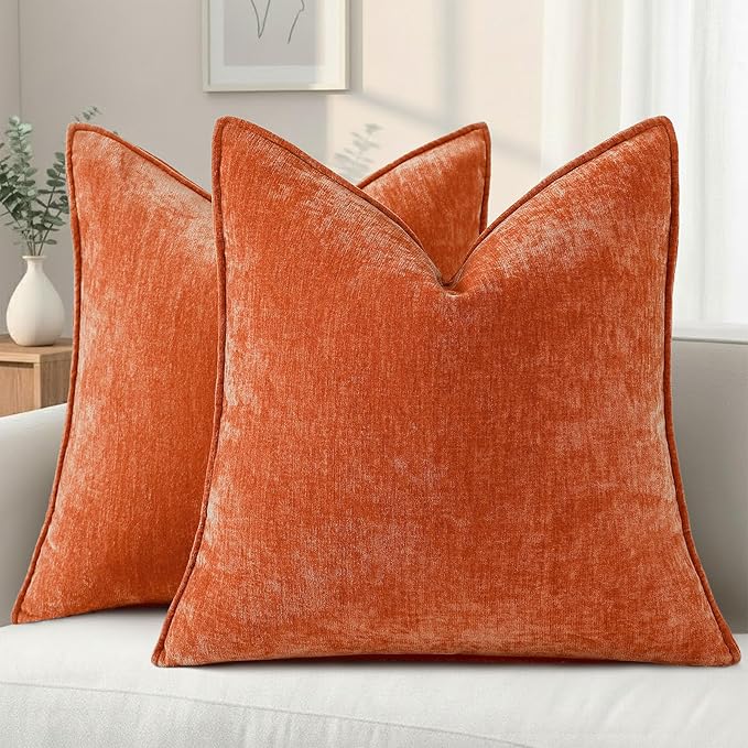 decorUhome Summer Couch Throw Pillow Covers 20x20 Set of 2, Decorative Soft Velvet Modern Cozy Chenille Pillow Cases with Elegant Design for Sofa Bed Living Room Home Decor, Rust