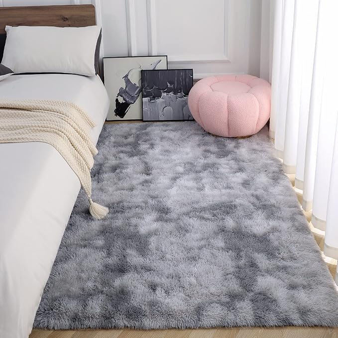AROGAN Soft Rainbow Area Rugs for Girls Room 4x6 Feet, Fluffy Girls Bedroom Rugs, Princess Rug, Cute Colorful Carpet for Kids Teens Nursery Toddler, Grey