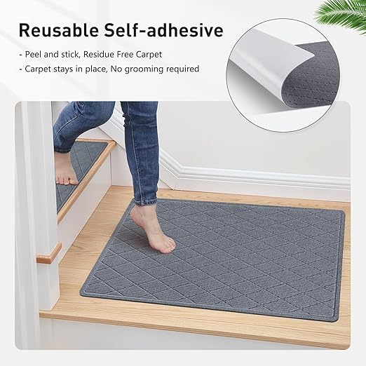Stair Treads Non Slip Landing Rug for Wooden Steps Indoor, Peel and Stick Stair Treads Matching-Mat 20"X32" Landing Slip Resistant Stair Rugs for Kids and Dogs, Polyester Stair Landing Mat, Grey Blue