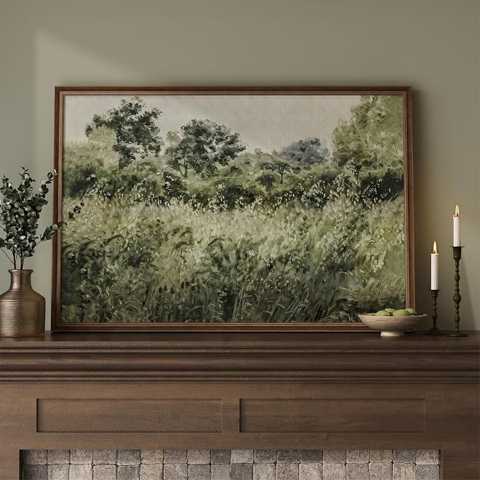 Large Framed Vintage Wall Art, Modern Farmhouse Green Botanical Landscape Canvas Painting Prints, Rustic Cottage Core Nature Flower Meadow Picture for Living Room Bedroom Kitchen Wall Decor, 24x36 In
