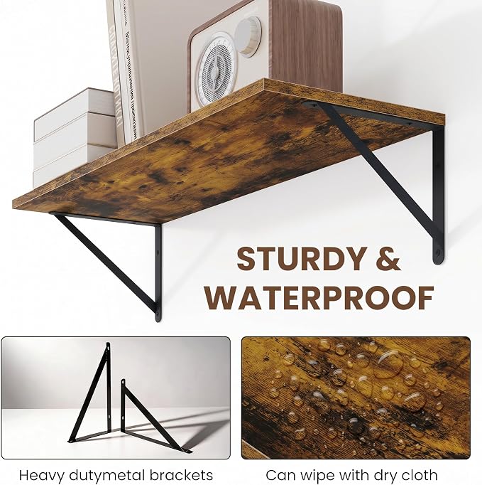 Vivelove Deep Floating Shelves for Wall, 16W x 8D Wood Wall Shelves Set of 3, Wide Floating Bookshelf for Living Room, Kitchen, Office, Bedroom and Decor Storage, with Metal Bracket - Rustic Brown