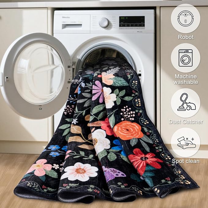 Runner Rug for Entryway: 2.6x14 Kitchen Rugs Non Slip Washable Ultra-Thin Soft Floral Carpet Indoor Floor Stain Resistant Carpets for Hallway Bedroom Kitchen Laundry Bathroom Dorm Black