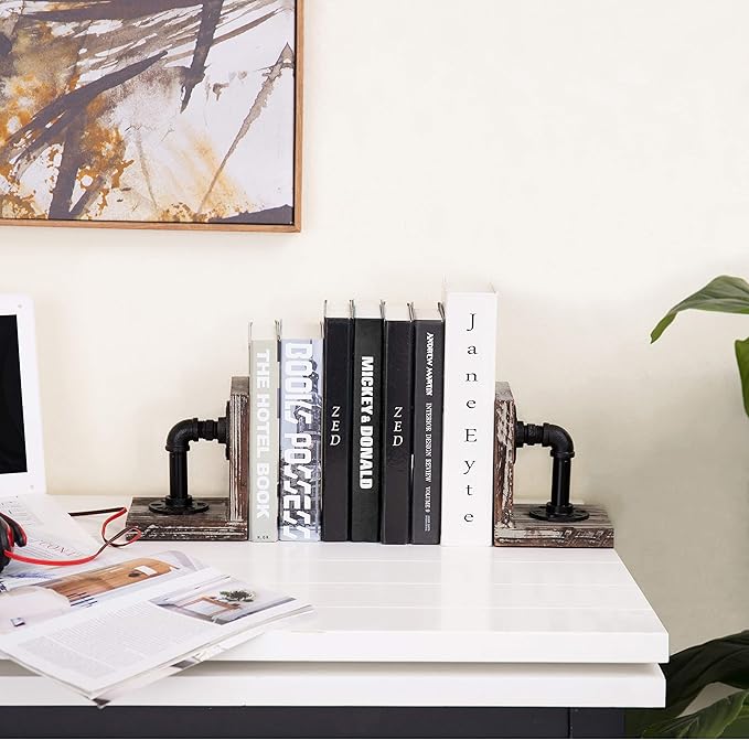MyGift Decorative Bookends, Office Book Ends for Shelf, Book Holder L-Shaped Stand Desktop, Solid Torched Wood with Realistic Industrial Pipe Design