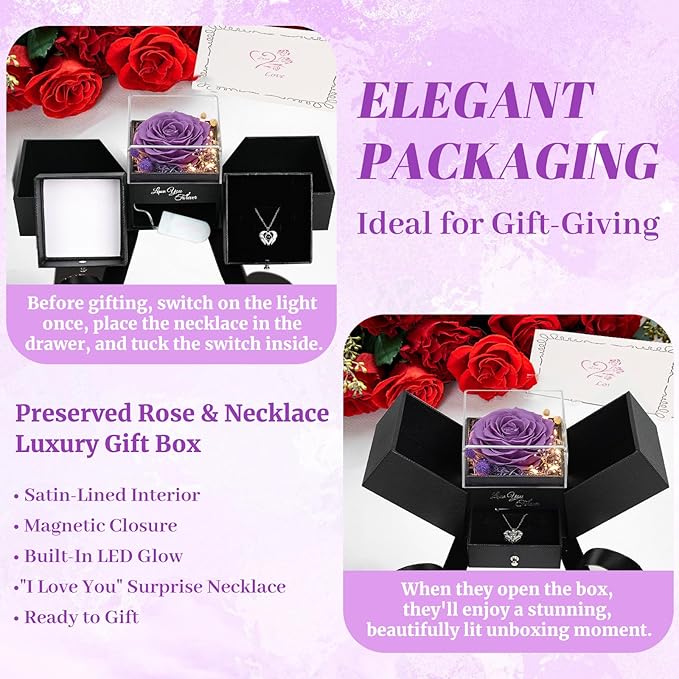 FIACO Gifts for Mom Preserved Real Roses with I Love You Necklace Fresh Forever Flowers Mothers Day Flower Gifts for Women Grandma Anniversary Birthday Gift for Girlfriend Wife Daughter