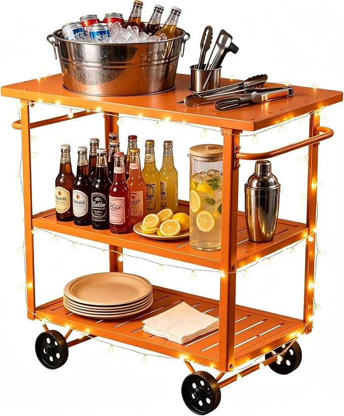 LOKKHAN Orange 3-Tier Metal Rolling Beverage Bar Cart | Waterproof Rustproof Serving Cart with Handle | 39.37 x 15.74 x 41 in | Indoor Use Outdoor Party Utility Storage Cart