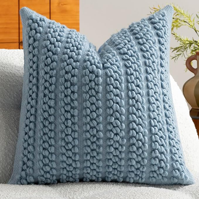 DEZENE Wool Boucle Throw Pillow Cover Premium Chic Accents Square Textured Decorative Pillow Case for Living Room Couch Sofa Home Decor 18"x18" Blue