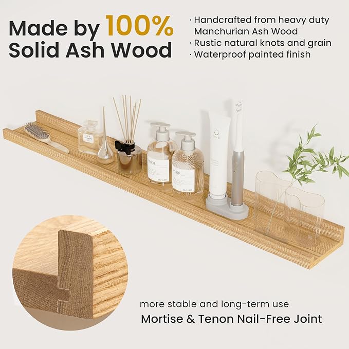 Acovy Solid Ash Wood Picture Ledge Shelf, 24 Inch, Natural, Set of 2 | Wood Floating Shelves with Lip, Photo Ledge Shelf, Wall Mounted, For Living Room Bedroom Nursery