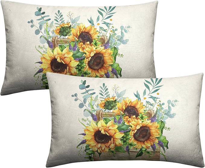 Sunflower Lumbar Pillow Covers Set of 2 Spring Summer Floral Rectangle Throw Pillow Covers 12x20 Flower Decorative Waist Pillowcase for Farmhouse Couch Outdoor