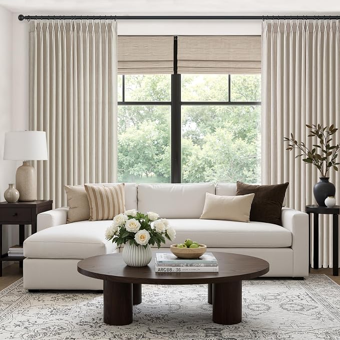 Oatmeal Linen Pinch Pleated Curtains 92 Inches Long for Living Room 2 Panel Set Cottage Core Cream Ivory Flax Double Pleated Drapes Back Tab Floor to Ceiling Semi Sheer Curtains for Dining Bedroom
