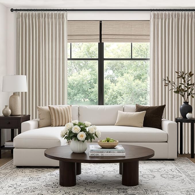 72 Inch Pinch Pleated Linen Curtains 2 Panels for Living Room Cottagecore Farmhouse Natural Ivory Oatmeal Semi Sheer Curtain Light Filtering Pinch Pleat Drapes for Bedroom Dining Room Window Cabin
