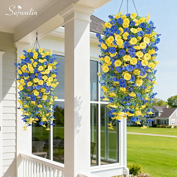 Serwalin Artificial Hanging Flowers for Outdoors UV Resistant, 8PCS Faux Morning Glory Fake Outdoor Flowers Realistic Silk Flower Faux Plants for Outside Planter Front Door Porch Patio Yard Decor