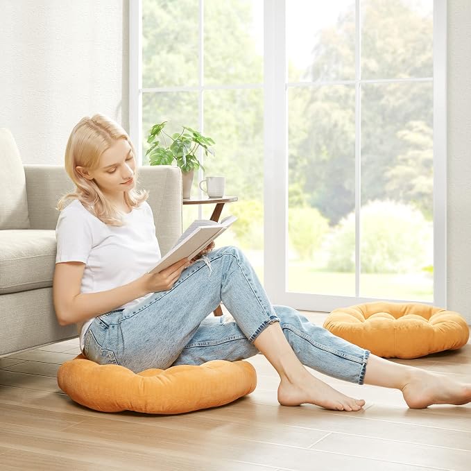 Degrees of Comfort Floor Cushion 6 Pack for Meditation, Office & Lounge – Corduroy Soft Seating Set, 22 Inch, High-Density Foam, Round Shape, Yellow