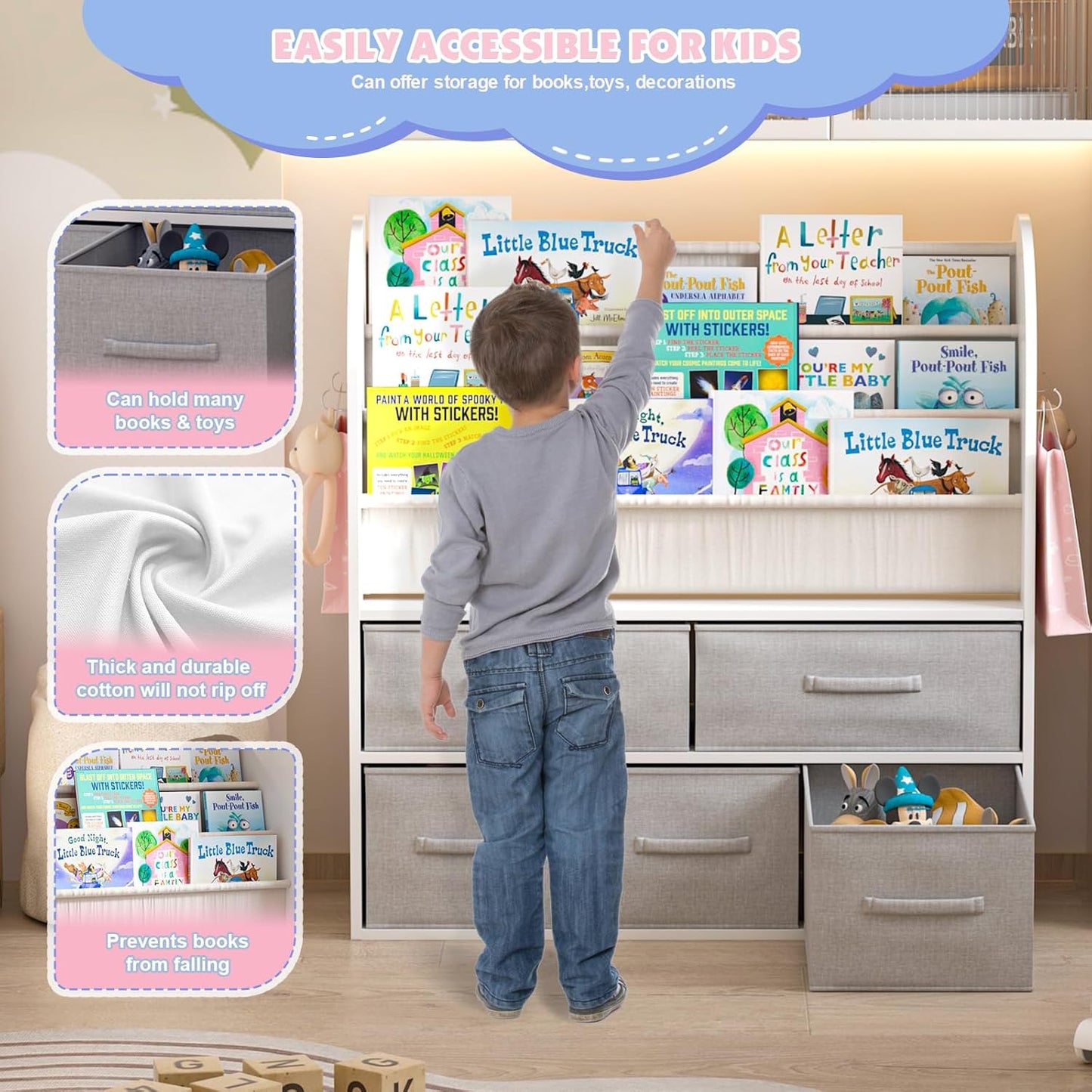 NACHES Kids Bookshelf and Toy Storage Bins, Children Bookcase Toddler Book Display Cabinet with 5 Toy Organizer Boxes for Playroom,Reading Room,Toddler Room,Nursery,Classroom