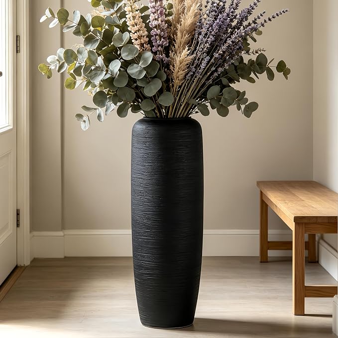 Large Rustic Ceramic Black Vase,23.6 Inch Tall Pottery Farmhouse Decor Floor Vase Vintage Flower Vases for Home Living Room Entryway Table Centerpiece Decor,Terracotta Vases,Wedding Gift