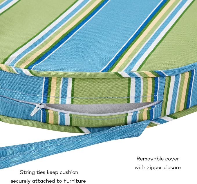 Set of 2 Outdoor 18 inch Round Patio Dining Chair Pads – Comfortable Fiber-Filled Seat Cushions with Ties, Reversible Polyester Fabric, Cayman Stripe
