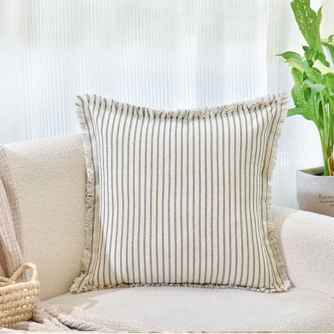 ZWJD Throw Pillow Covers 18x18 Set of 2 Striped Pillow Covers with Fringe Chic Cotton Decorative Pillows Square Cushion Covers for Sofa Couch Bed Living Room Farmhouse Decor, (Gray)