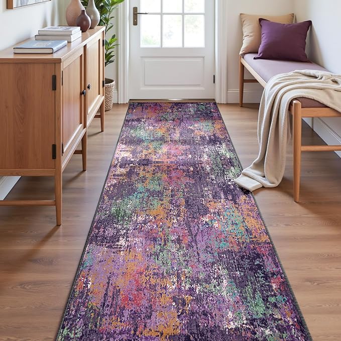 RELEANY Washable Area Rugs 2'x8' Non-Slip Modern Abstract Soft for Living Room Entryway Bedroom Nursery, Print Pattern, Purple Orange Blue Green Rust Red Colorful