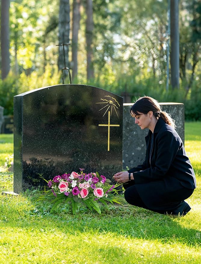 Artificial Cemetery Flowers with Stake: 1Pc Purple Roses Pink Peonies Realistic Memorial Day Grave Flowers for Cemetery - Outdoor Grave Decorations Funeral Arrangements