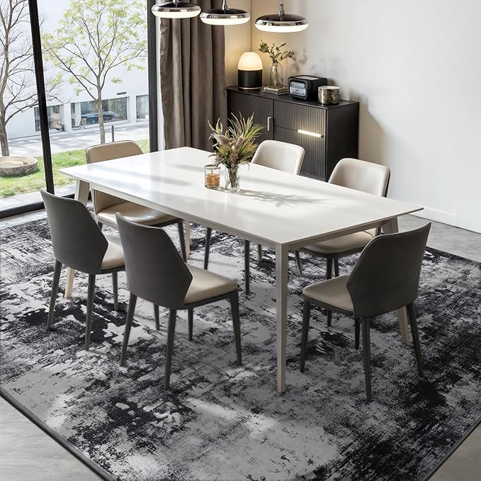 Rugflix 10x14 Area Rugs for Living Room, Black Grey Large Rug Stain-Resistant Low Pile, Big Washable Dark Carpet Non-Slip for Bedroom Dining Room Home Office Nursery Room