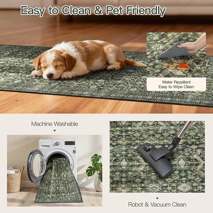 Lofus 3' X 12' Area Rug for Hallways,Green Washable Runner Rugs with Non Slip Rubber Backing, Low Pile Soft Carpet Runner for Kitchen Bathroom Bedroom Laundry