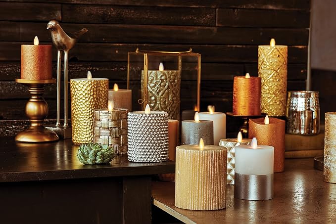 Luminara Metallic Embossed Pillar, Champagne Flameless LED Candle 3.25" x 6.5", Battery Operated Real Flame Technology w/Timer Function, Paraffin Wax