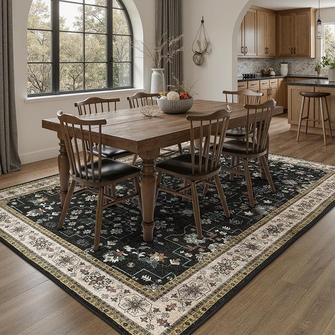 DCX Machine Washable Black Area Rug 9x12, Non Slip Stain Resistant Vintage Area Rug for Living Room Diningroom Bedroom Nursery, Soft Low Pile Large Carpet