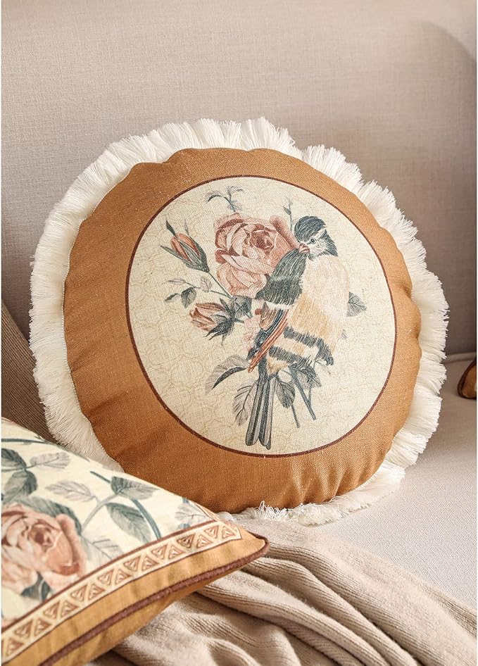 patdrea French Vintage Linen Pillow Cover,Diameter 16"-ParkerEstate D | Decorative Pillow Case with Zipper,Bird and Floral Pattern,Cushion Coverfor Couch Living Room Bedroom Sofa