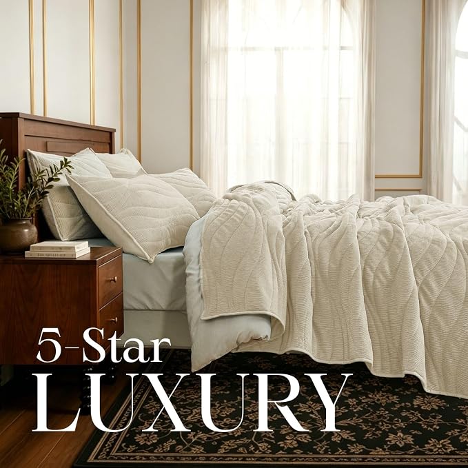 DOWN HOME Crinkle Textured Velvet Quilt Set with Shams, All-Season Luxury Modern Bedding,Easy Care Comforter,Ultra-Soft,Lightweight & Breathable, Queen, Ivory White