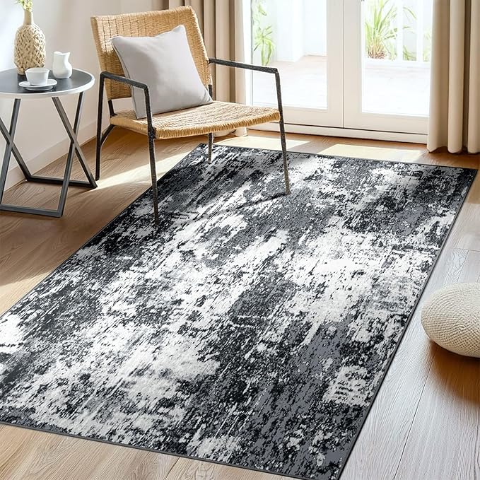 RELEANY Washable Area Rugs 3'x5' Non-Slip Modern Abstract Soft for Living Room Entryway Bedroom Nursery, Print Pattern, Black Navy Blue Gray