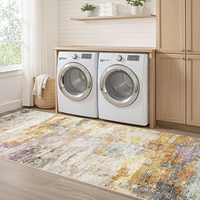 Runner Rug Kitchen Washable Rugs: 2x10 Non-Slip Abstract Soft Modern Stain Resistant Indoor Floor Neutral Accent Throw Carpet for Hallway Bathroom Laundry Room Entryway Bedroom- Gold Colorful
