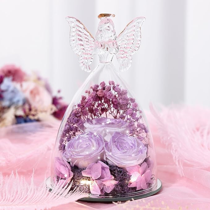 Mothers Day Rose Gifts for Women Preserved Real Flower in Glass Angel Figurines Roses for Delivery Prime Birthday Gifts for Mom Grandma Girlfriend Wife Her, Pearlescent Purple