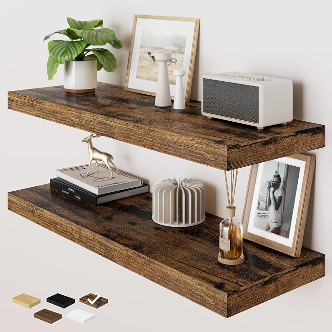 RICHFOCUS Deep Floating Shelves for Wall 2 Pack 12" D 36 Inch Wall Shelves for Room Wall|Wood Hanging Shelf with Invisible Brackets for Bathroom Bedroom Kitchen Laundry Room, Rustic Brown