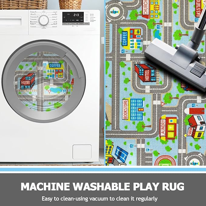 Capslpad Sky Blue Car Road Kid Rug Carpet Playmat for Playoom Traffic Road Kids Play Mat for Toddler Non Slip Washable City Map Race Track Carpet Rug for Kids Room Bedroom Nursery Room Decor,5.2'x3.3'