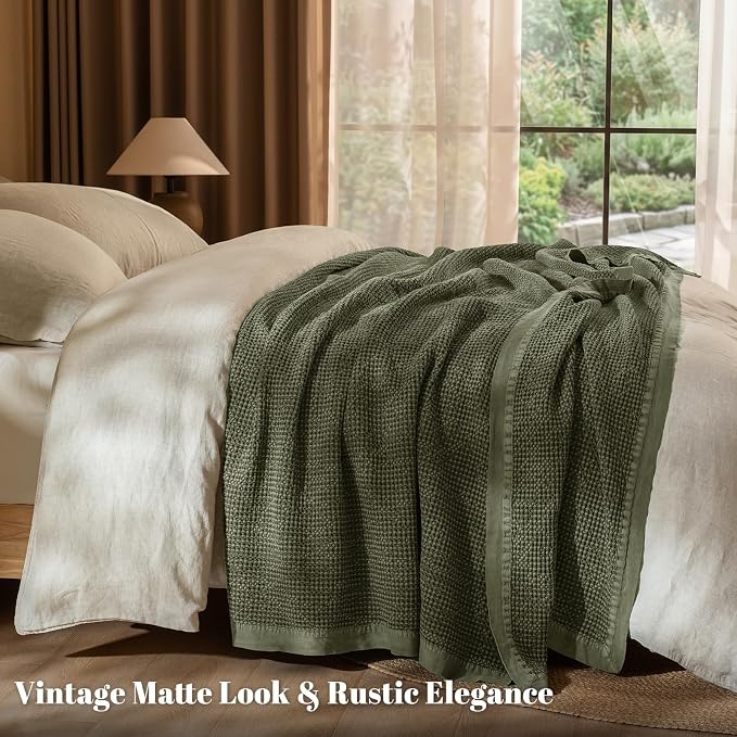 PHF Stone Washed 100% Cotton Waffle Blanket, Vintage Deep Honeycomb Texture, Breathable Thermal Blanket for Bed & Home Decor, All Season Layering - Queen, Moss