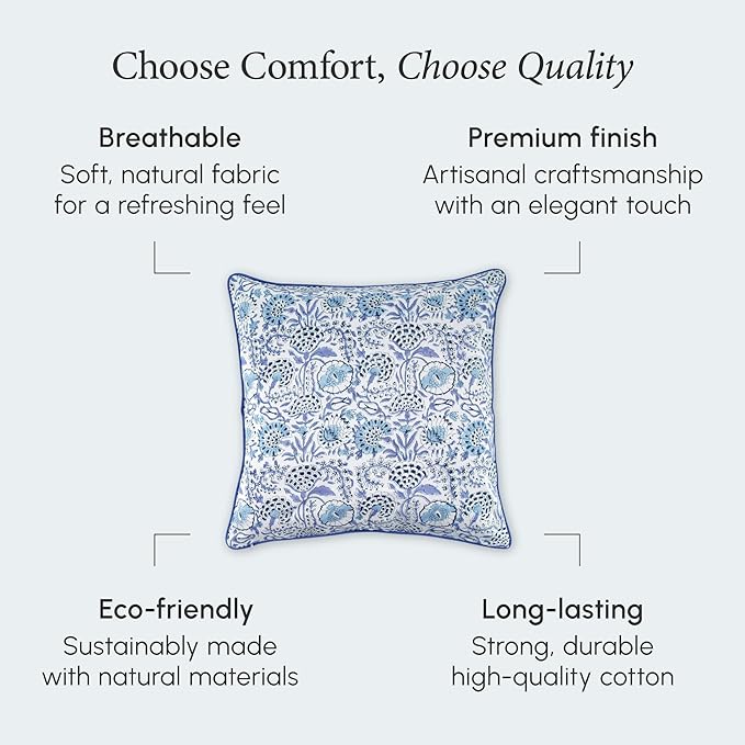 CPC 100% Cotton Throw Pillow Covers 18x18 Inch, Set of 2 Blue Block Print Pattern Couch Pillow, Cute Boho Decorative Pillows for Living Room, Bedroom with Hidden Zipper- Indigo Blue
