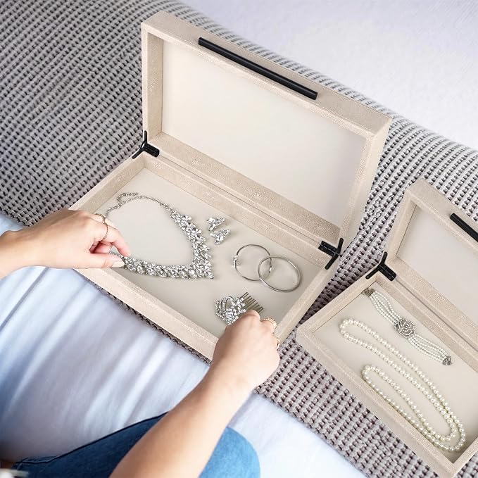 HofferRuffer Faux Leather Decorative Boxes Set of 2, Large Nesting Keepsake Box Accessory Organizer Jewelry Organizer with Hinged Lid, Stacking Storage Box Container (Light Grey+Black Handles)
