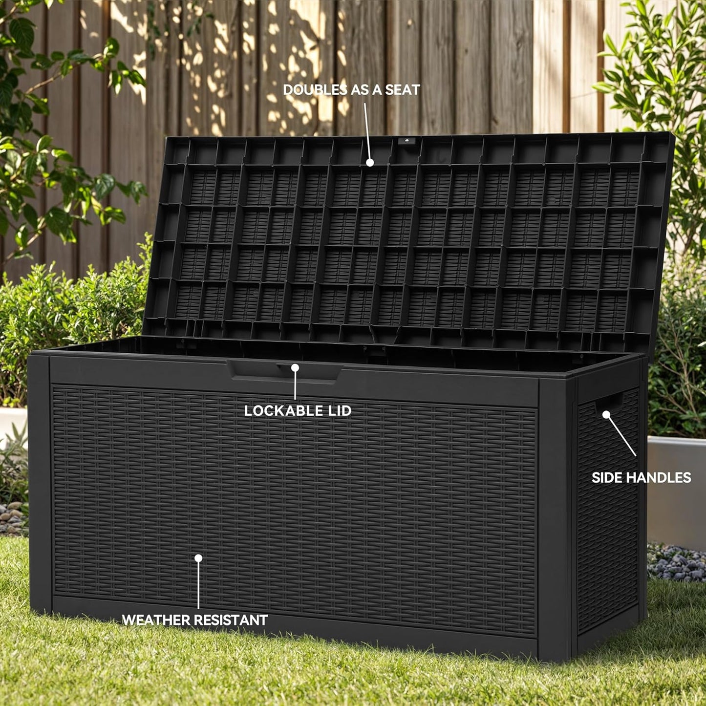 YITAHOME 60 Gallon Outdoor Storage Box, Large Water Resistant Resin Deck Box, Indoor Outdoor Lockable Rattan Storage Container for Patio, Garden, Cushions, Tools, Equipment (Black)