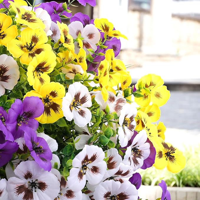 Rowfad 18 Pcs Artificial Fake Pansy Flowers for Outdoor, Faux Silk Pansies Spring Flowers for Outside for Planter Front Door Porch Yard Patio Window Box Home Decor (18, Purple, Yellow, White)