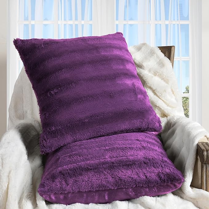 Cheer Collection Faux Fur Throw Pillows - Decorative Pillows for Couch, Bed Throw Pillows, Purple Accent Pillows for Bedroom or Living Room Aesthetic, Set of 2 Furry Throw Pillows, 26" x 26"